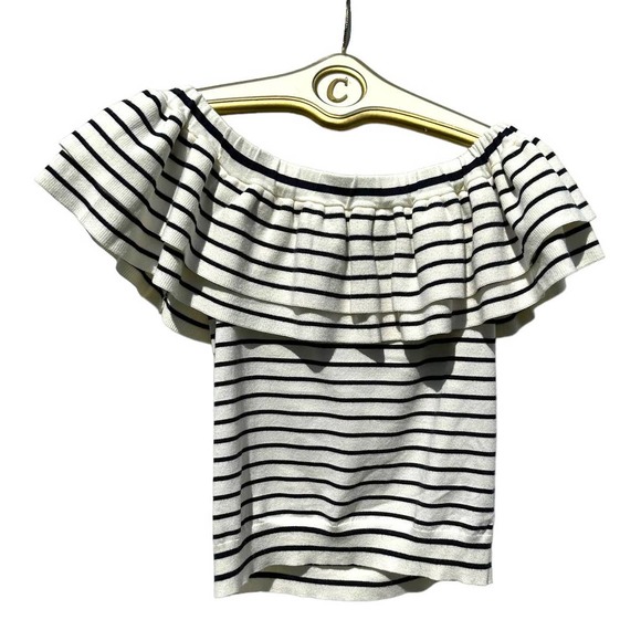J. Crew - Off the Shoulder Striped Knit Top w/Double Ruffles, White/Black, SizeS - Picture 8 of 12